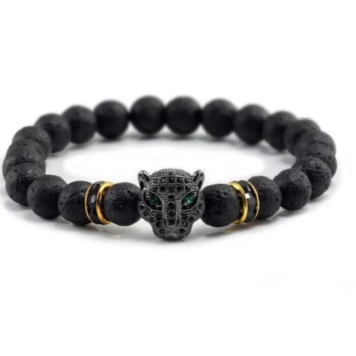 Black Lava Beads Bracelet with Leopard Head