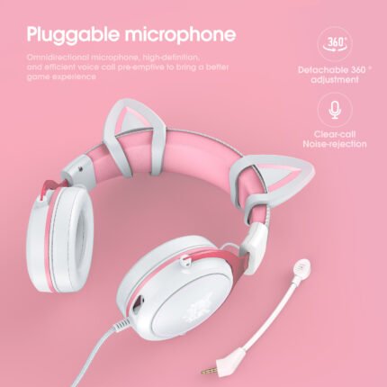 ONIKUMA X10 Pink Cat Ear Gaming Headset with Microphone, RGB Light, and Noise Cancelling